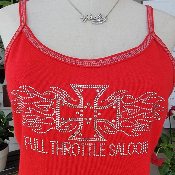 V-TWIN ♡ Red|Silver Mini Studded Embellished Bling FULL THROTTLE SALOON Tank L - Picture 8 of 14